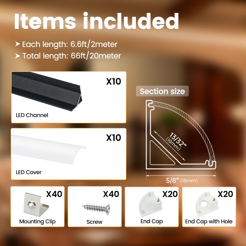 Muzata 10Pack 6.6FT/2M V Shape LED Channel Black Aluminum LED Strip Diffuser Channel with Milky White Cover Corner Lighting Easy Installation V1SW BW 2M - Image 2